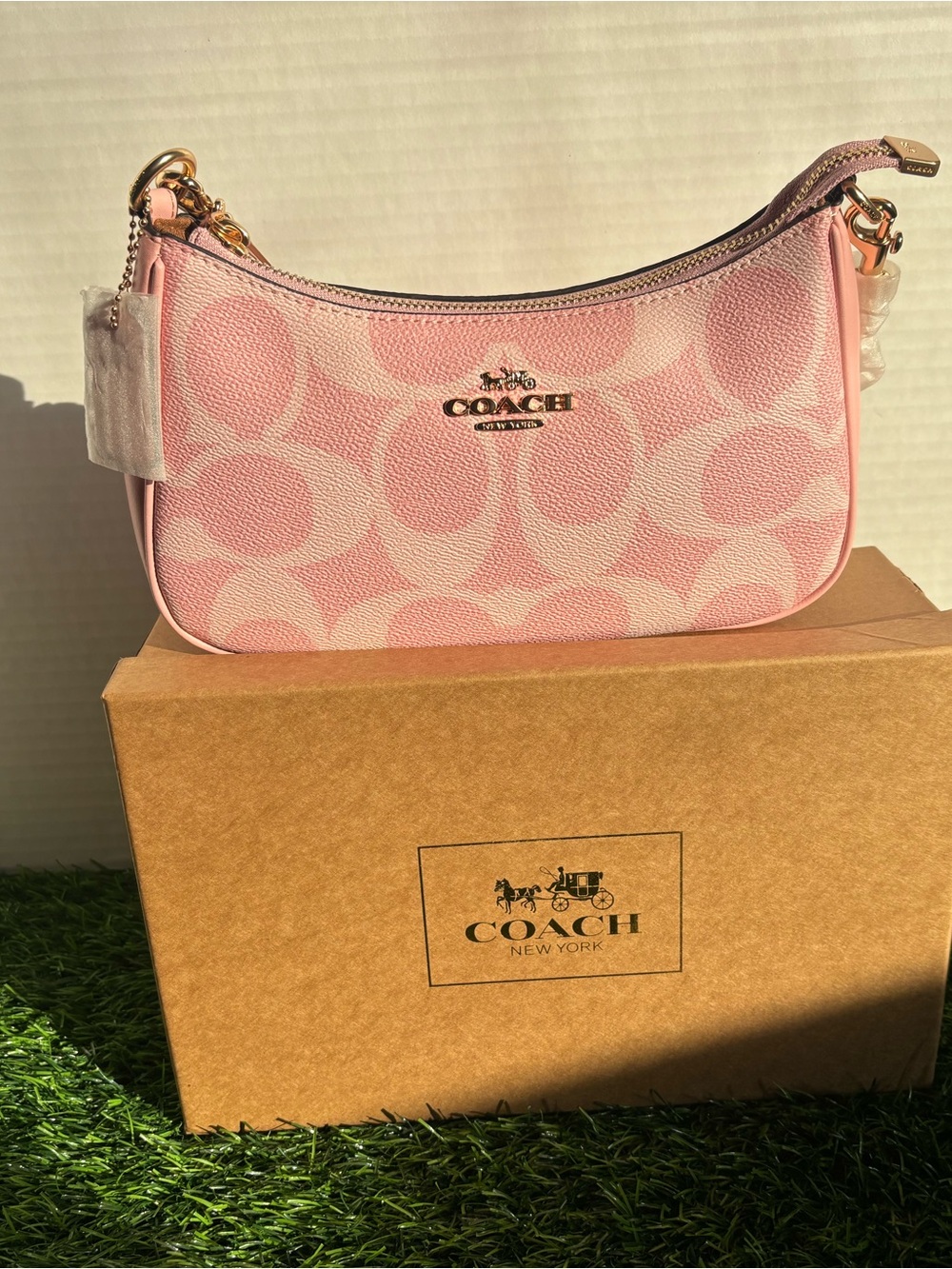 Coach Pink Signature Mini Shoulder Bag with Gold Hardware